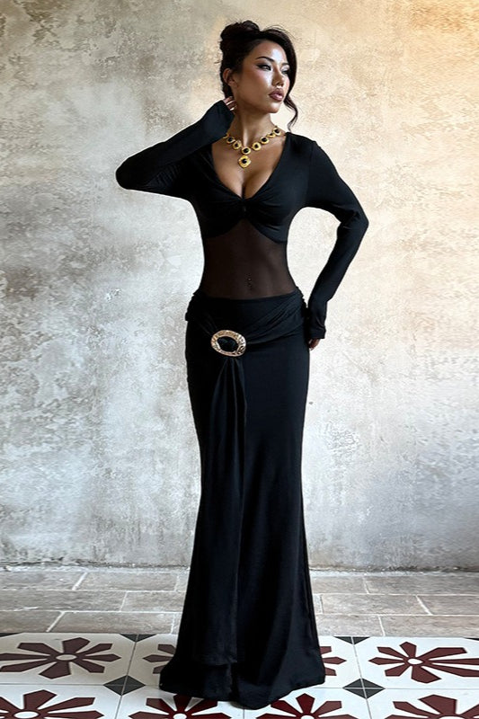 Plunge V-Neck Long Sleeve Mesh Panel Metal Buckle Maxi Dress