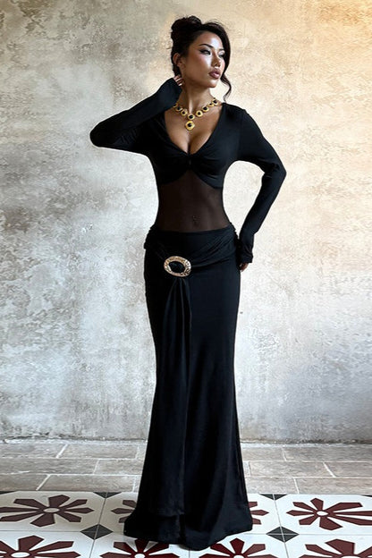 Plunge V-Neck Long Sleeve Mesh Panel Metal Buckle Maxi Dress