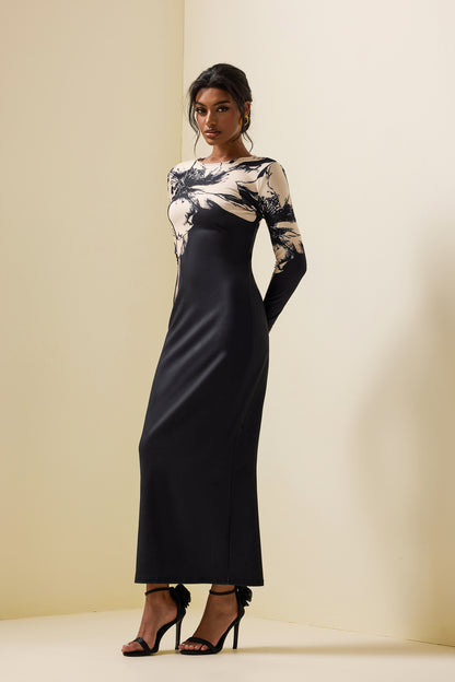 Floral Boat Neck Long Sleeve Midi Dress