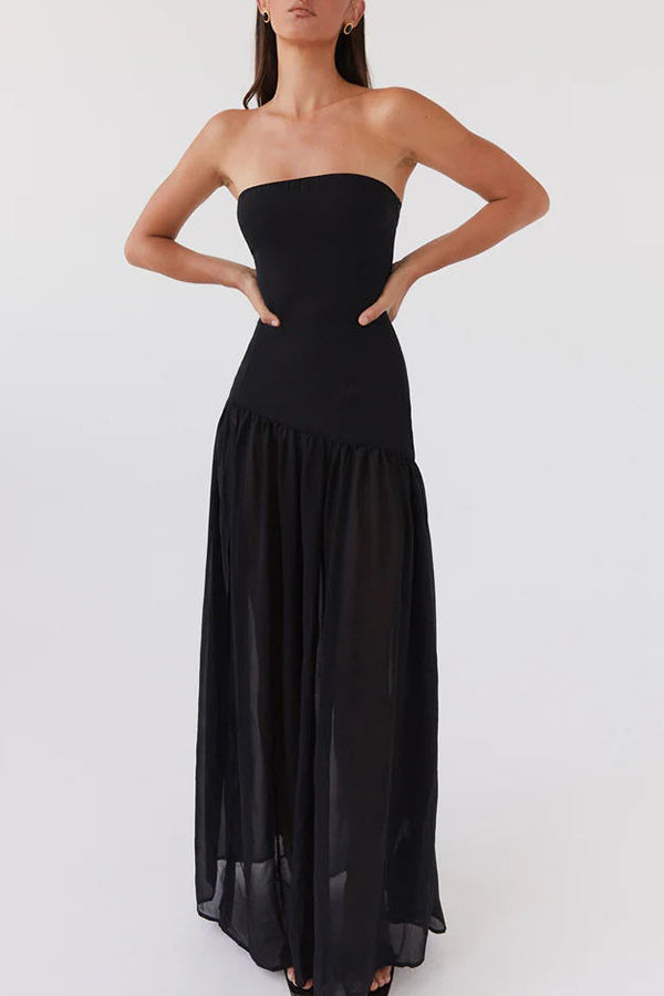 Strapless Bandeau Drop-Waist Gathered Chiffon High-Slit Maxi Gown