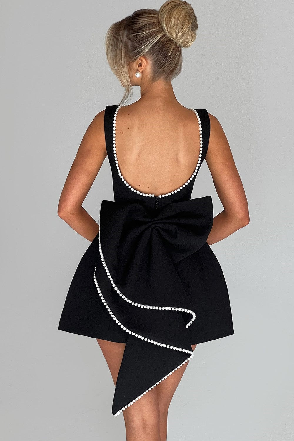 Pearl Trim Deep Scoop Back Oversized Bow Mini Dress
