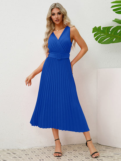 Sleeveless Party Dress V-Neck Accordion Belted Pleated Skirt Midi Dresses