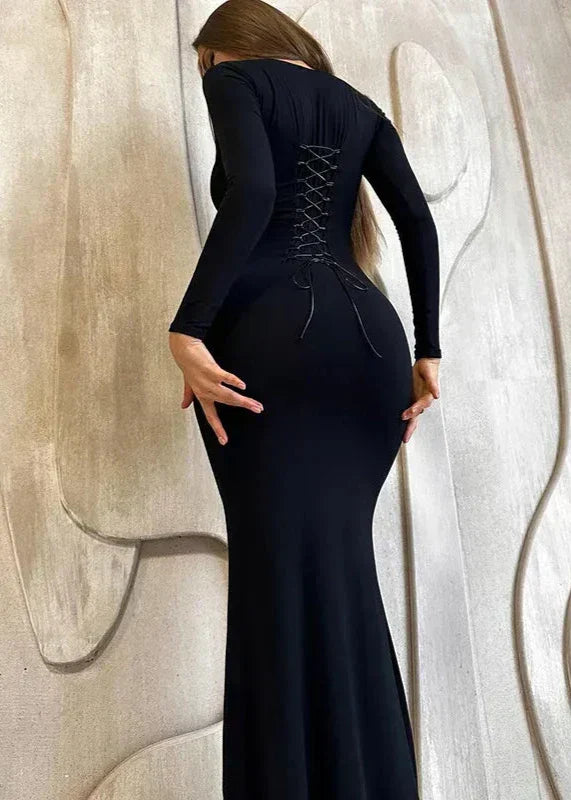 Square Neck Long Sleeve Mermaid Hem Bodycon Maxi Dress