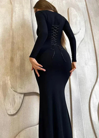 Square Neck Long Sleeve Mermaid Hem Bodycon Maxi Dress