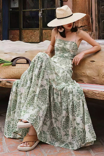 Damask Floral Print Spaghetti Strap Ruched Bust Maxi Dress