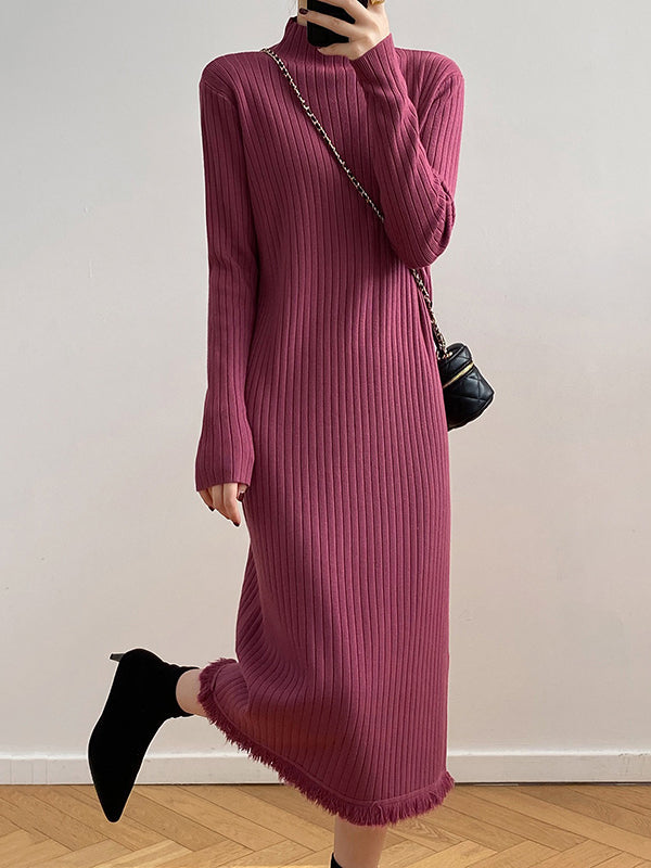 Long Sleeves Loose Fringed Solid Color Mock Neck Midi Dresses Sweater Dresses