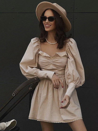 Skater Dresses Polyester Sweetheart Neck Lace Chocolate Cowboy Long Sleeves Flared Dress Mini Dresses