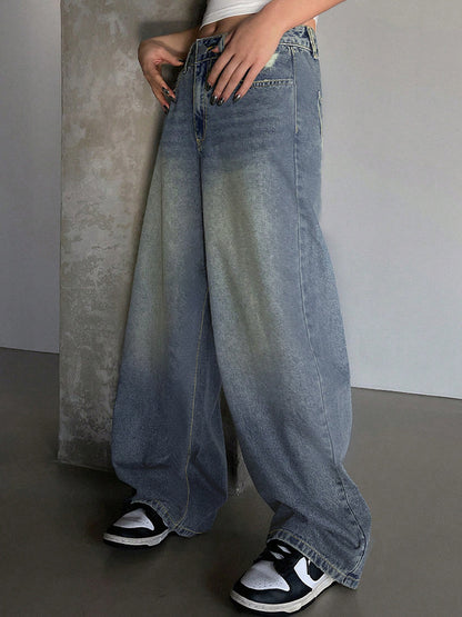 Washed Blue Wide Leg Mop Boyfriend Jeans