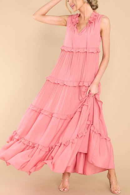 Ruffle Collar V-Neck Tie Strap Tiered Floor-Length Maxi Dress