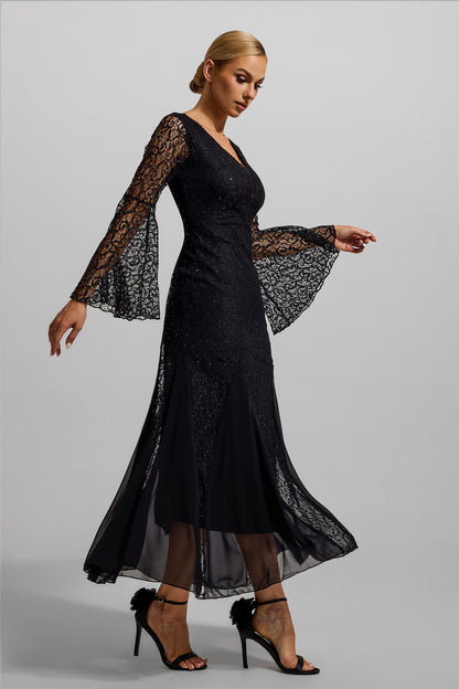 Lace Solid V-Neck Ball Sleeve Midi Dress