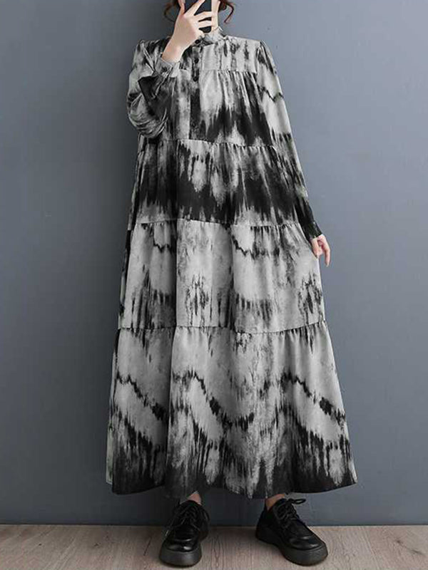 A-Line Long Sleeves Pleated Printed Split-Joint Stand Collar Midi Dresses