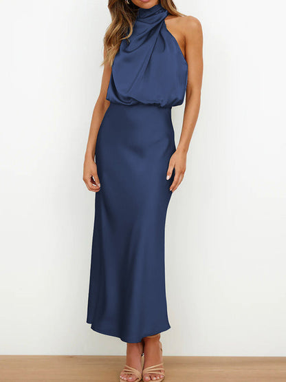 Sleeveless Solid Color Halter-Neck Midi Dresses