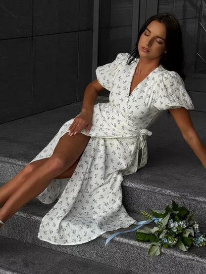 Pure Cotton Bandage Wrap-up Puff Sleeve Printed Comfort Maxi Dresses