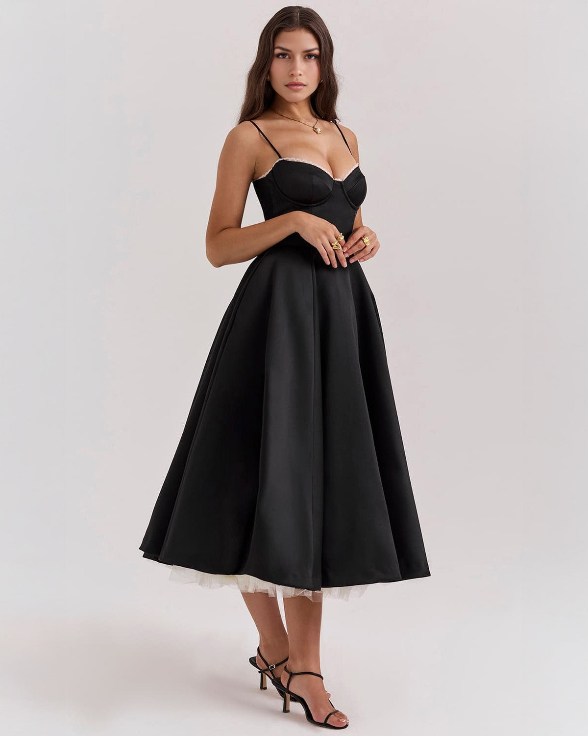 Sweetheart Spaghetti Strap Lace Trim Corset Bodice Fit and Flare Midi Dress