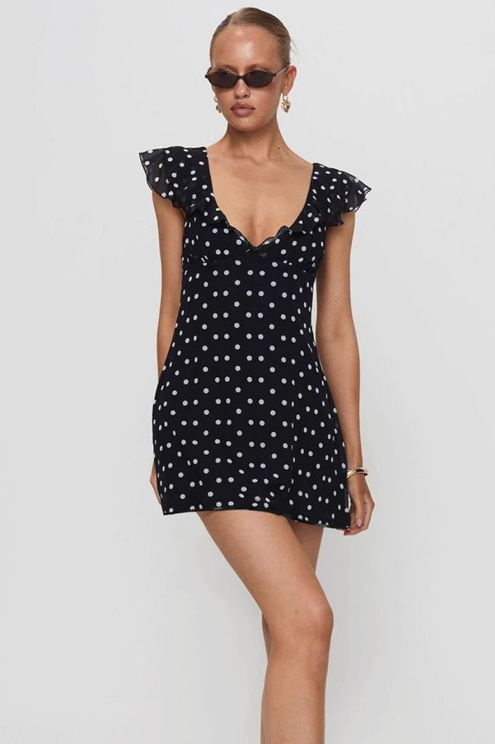 Polka Dot V-Neck Ruffle Trim Flutter Sleeve Fit and Flare Mini Dress