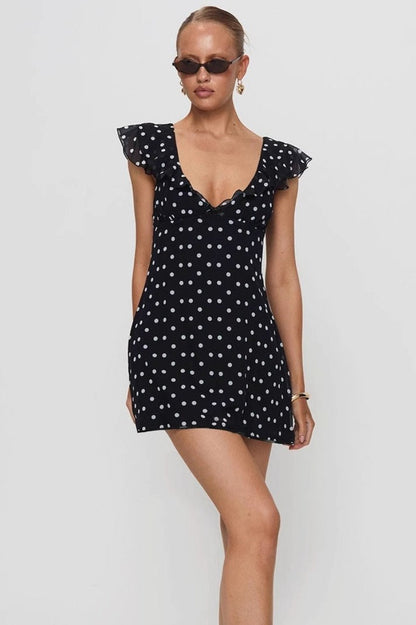 Polka Dot V-Neck Ruffle Trim Flutter Sleeve Fit and Flare Mini Dress