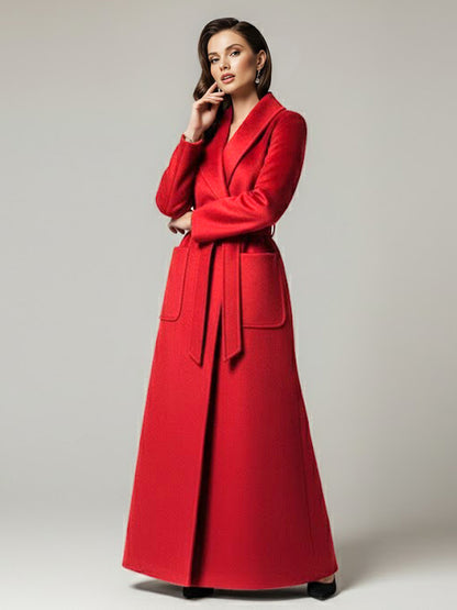 Belted Woolen Full-Length Maxi Coat With Wide Shawl Collar For Women 2026