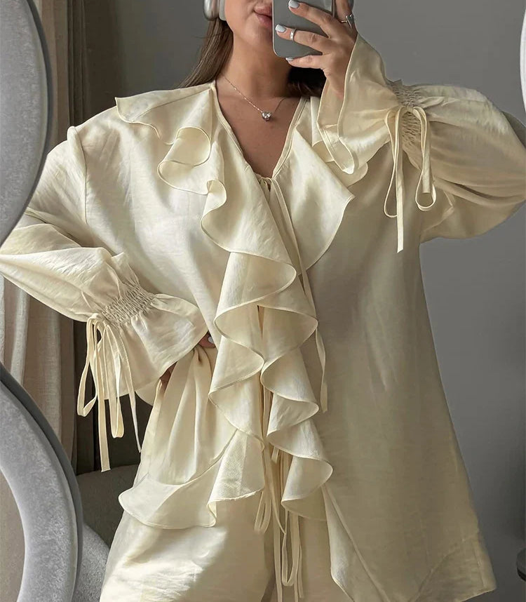 Ruffled Tie Top Shorts Two Piece Set