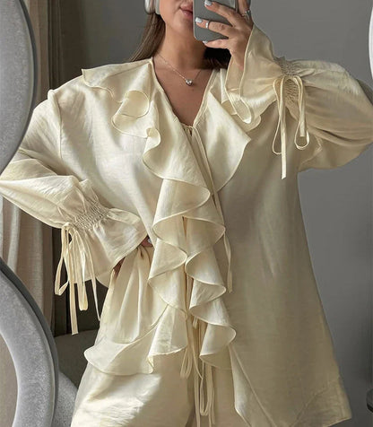 Ruffled Tie Top Shorts Two Piece Set
