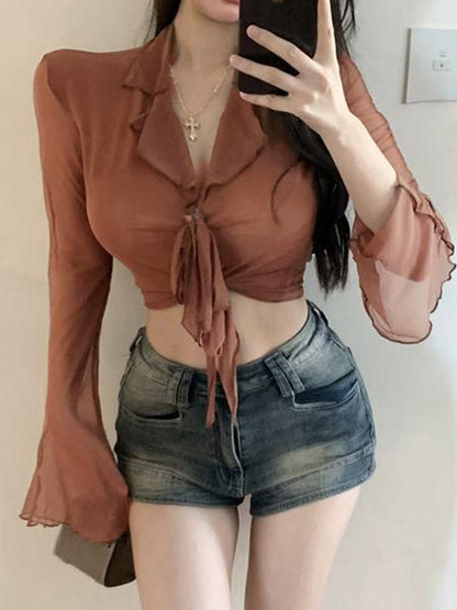 Lace Up Sheer Mesh Cropped Long Sleeve Blouse