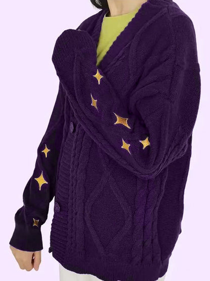 Star Embroidered Print Cable Knit V Neck Cardigan