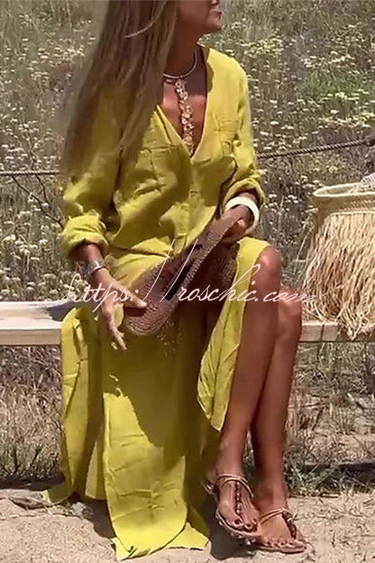 Happy Holidays Linen Blend Button Up Pocket Slit Shirt Maxi Dress