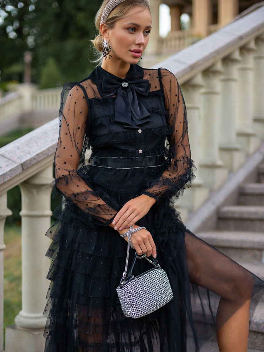 Black Layering Dress High Collar Bow Tie Polka Dot Party Maxi Dresses