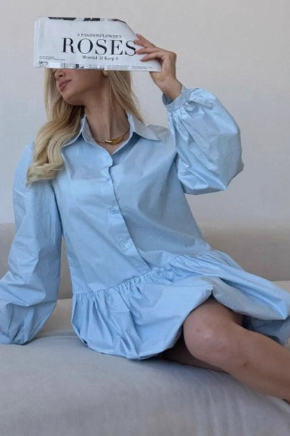 Collared Button Front Puff Sleeve Drop Waist Bubble Hem Mini Shirt Dress
