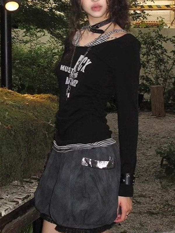 Y2K Fake Two-Piece Striped Long Sleeve