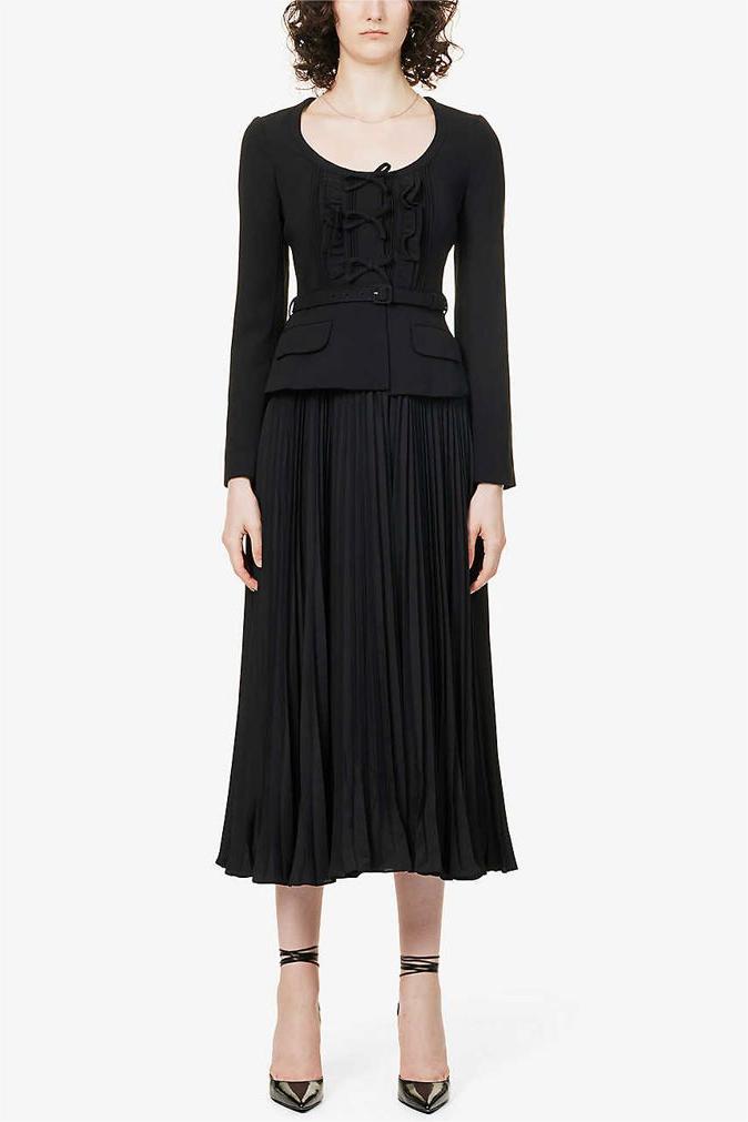 Solid Bow Pleated Long Sleeve Midi Dress With Belt