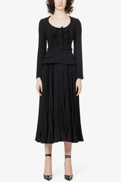 Solid Bow Pleated Long Sleeve Midi Dress With Belt
