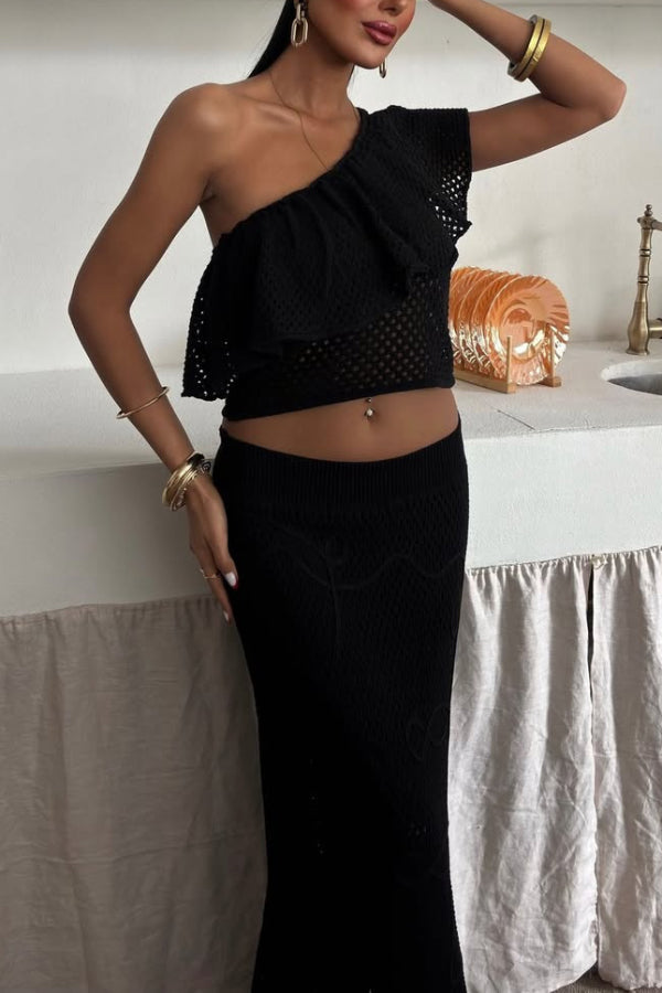 Solid Color One-shoulder Ruffled Openwork Top and Elastic Waist Holiday Knit Maxi Skirt Cover-up Set