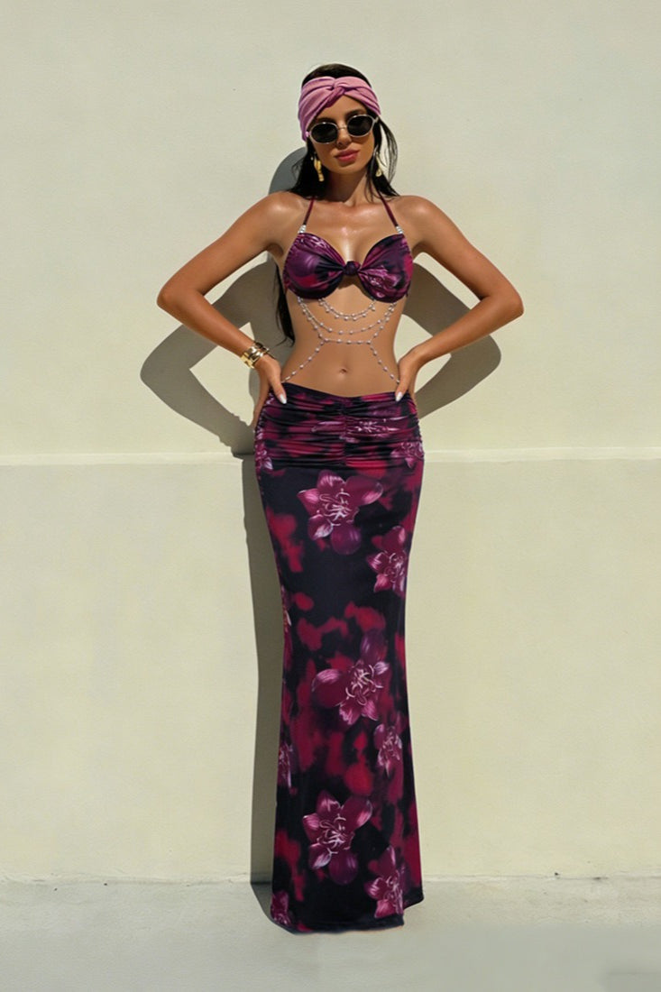 Bow Front Halter Abstract Marble Print Ruched V-Waist Maxi Skirt Two Piece Set