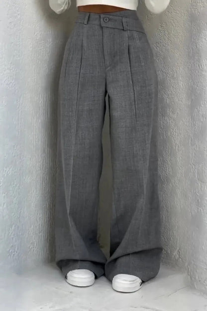 Button High Waist Solid Long Fluid Pants