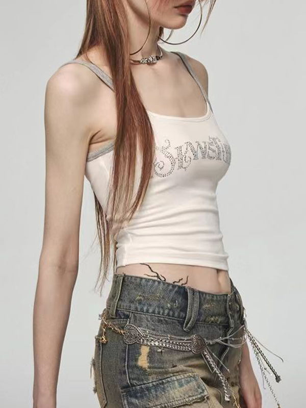 Letter Rhinestone Print Splice Cami Top