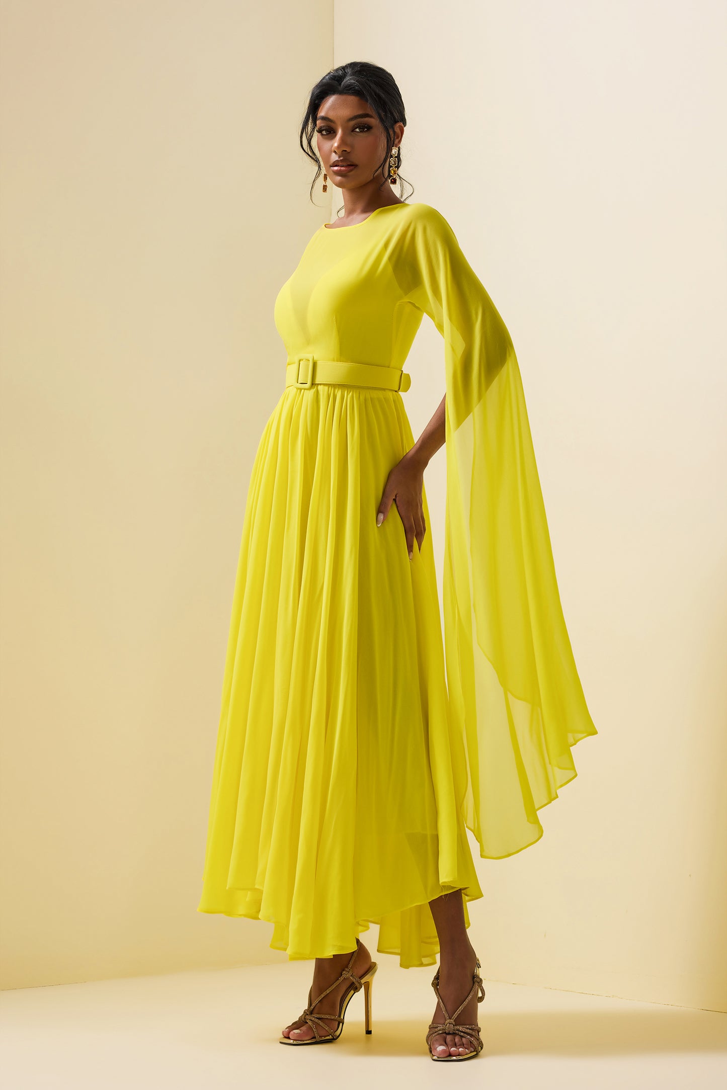 Mesh Solid Cape Sleeve Midi Dress With Belt