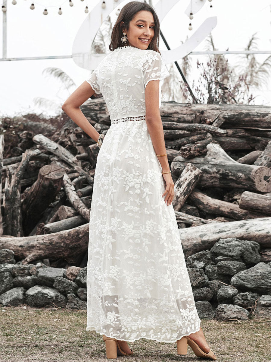 V-Neck Maxi Dress Short Sleeves Casual Floor Length Dress