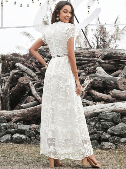 V-Neck Maxi Dress Short Sleeves Casual Floor Length Dress