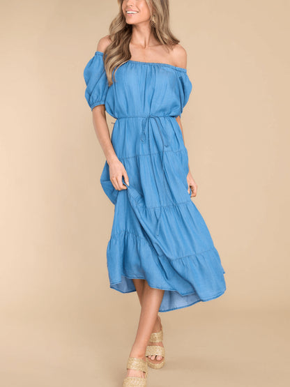 MADELINA TIERED COTTON BLEND DENIM MIDI DRESS