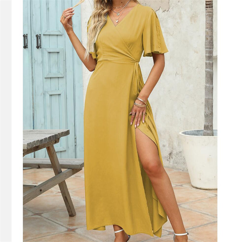 Solid Color V-Neck Slit Maxi Dress for Effortless Style