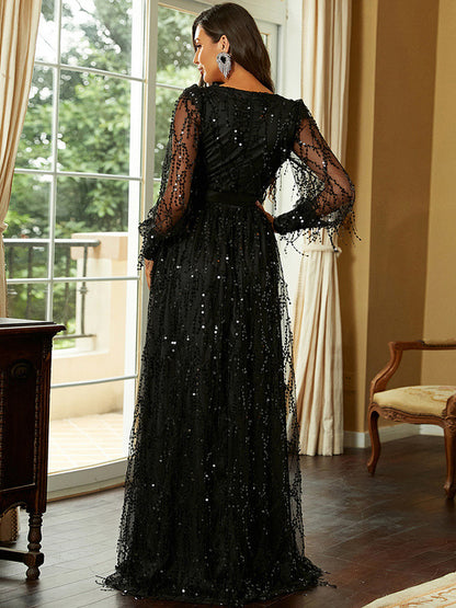 Preals Dress Plunge High-Slit Illusion Sleeves Prom Maxi Dresses