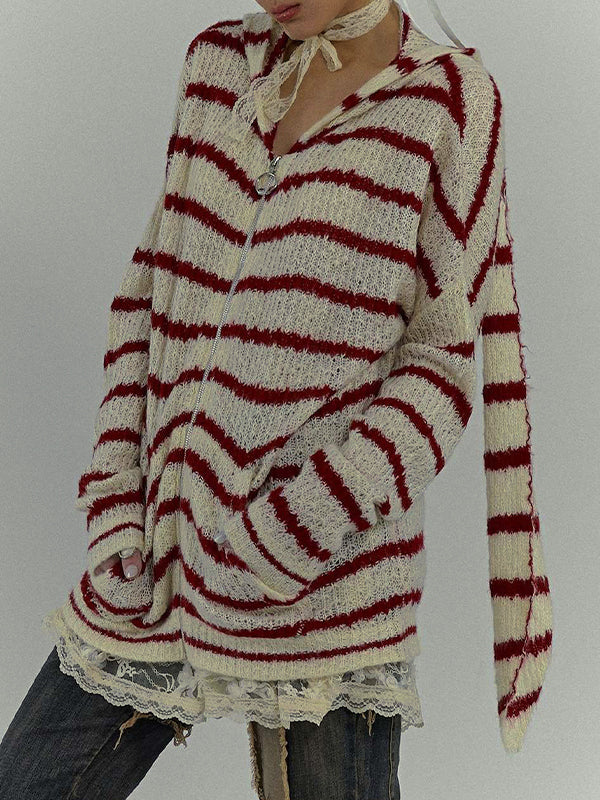 Rabbit Ear Styling Hooded Stripe Cardigan