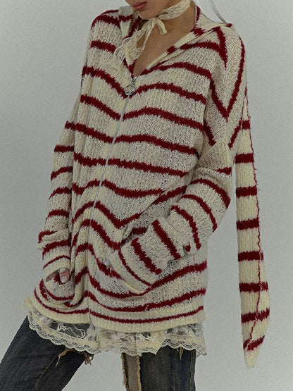 Rabbit Ear Styling Hooded Stripe Cardigan