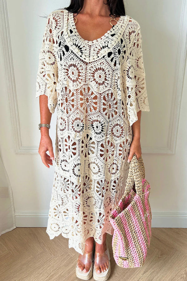 Fashionable Openwork Crochet Loose Round Neck Casual Midi Dress