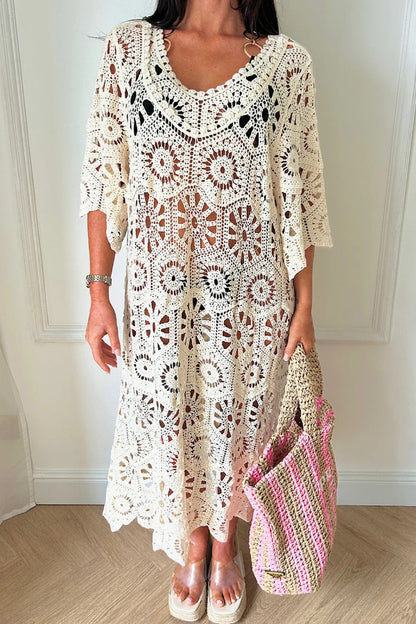Fashionable Openwork Crochet Loose Round Neck Casual Midi Dress