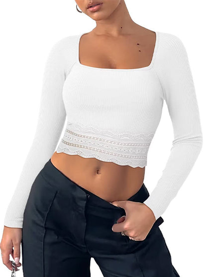 Solid Color Lace Hem Square Neck Crop Long Sleeve Knit