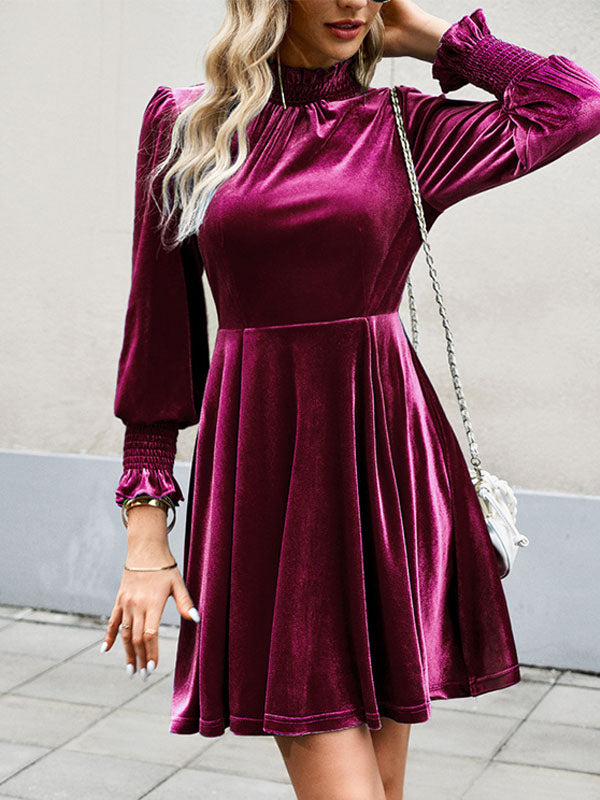 Velvet Dress Burgundy High Collar Long Sleeves Fall Mini Dresses