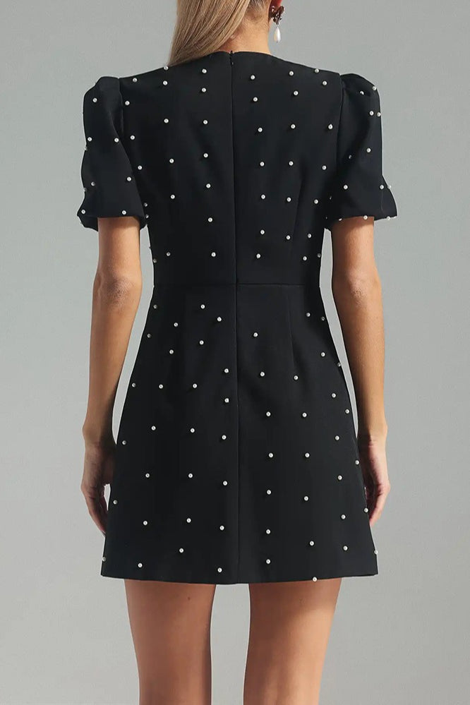Crew Neck Pearl Stud Bow Front Keyhole Mini Dress