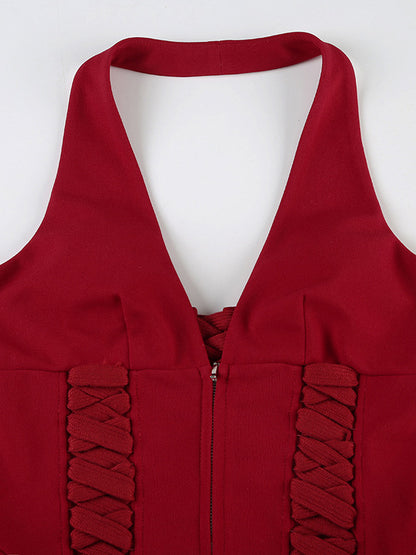 Halterneck Corset Top With Zipper And Back Lace-up Detail For Night Club 2026