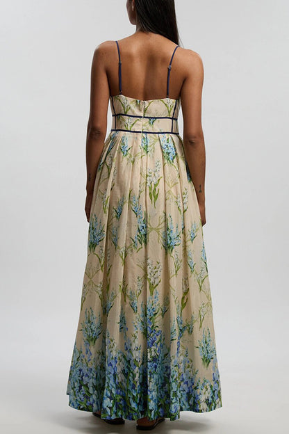 Shari Linen Blend Floral Print Colorblock Strappy Pocket Maxi Dress